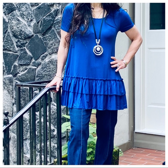 ROYAL BLUE LAYERED HEM SHORT SLEEVES TUNIC TOP - Picture 9 of 13